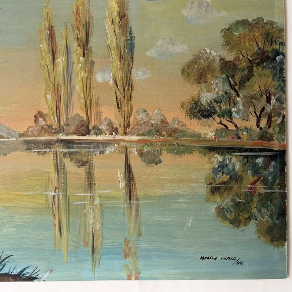 Vintage Original Oil painting Landscape Mountain Lake Trees Aqua Teal Blue Green - Picture 2 of 6